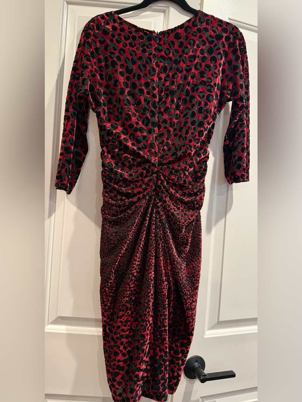 Taylor Red and Black Velvet Ruched Midi bodycon Dress - Picture 3 of 8